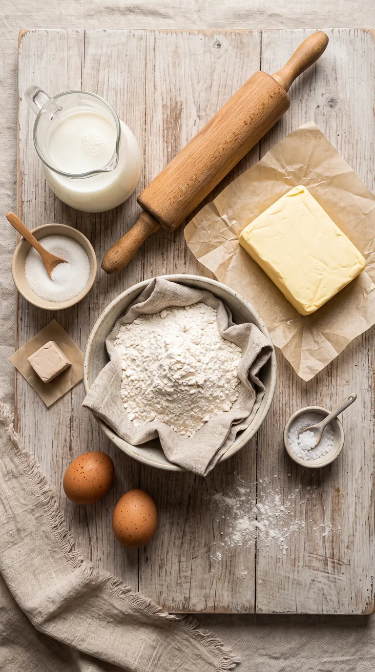Croissants maison recette ingrédients crus : farine, beurre, levure, lait et œuf en vue de dessus