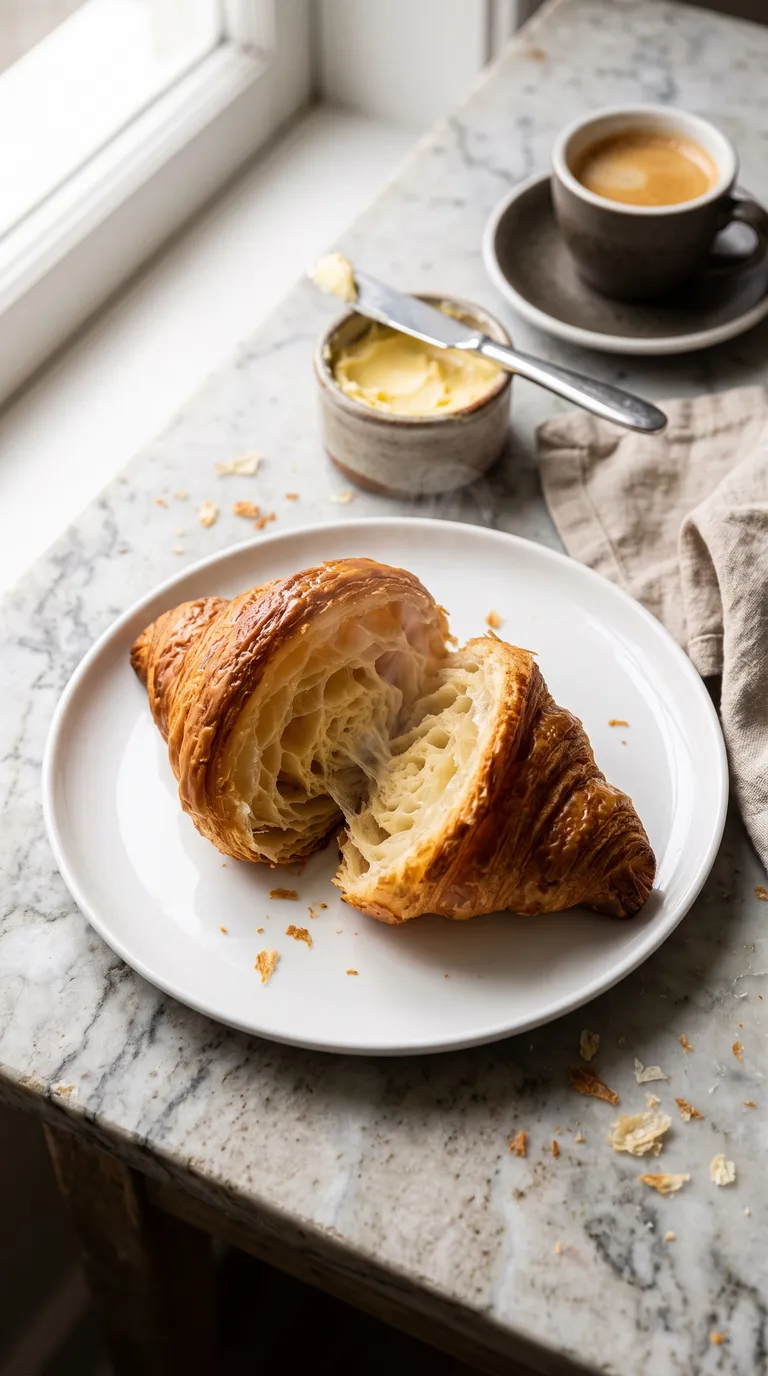 Croissants maison recette présentés sur assiette blanche avec confiture d'abricot et café